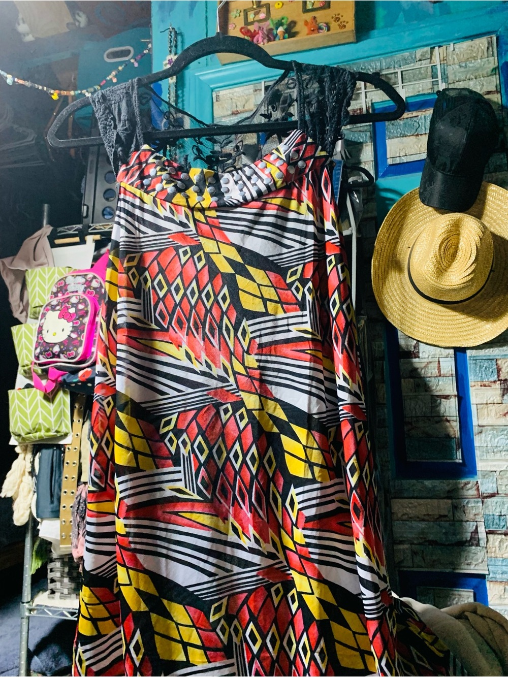 Bold Geometric Maxi Dress in Red, Yellow & Black